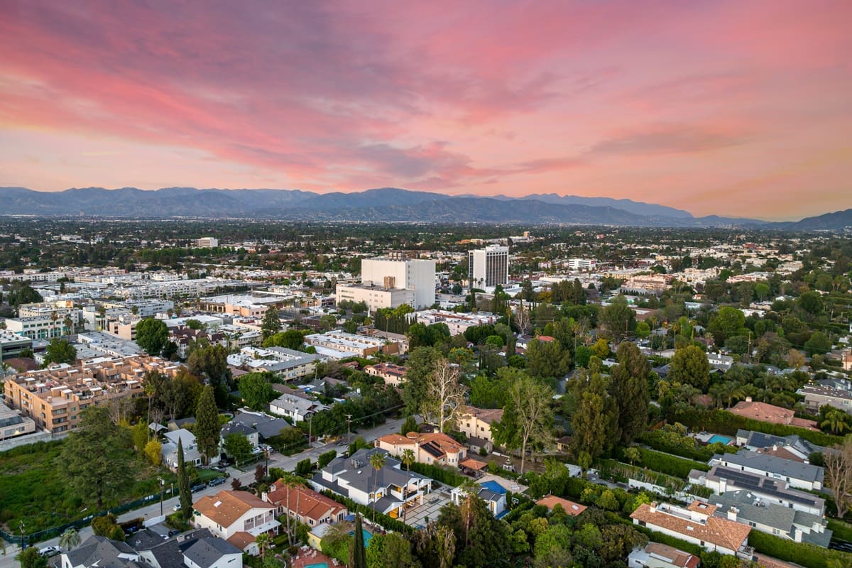 Aerial sunset view of a residential neighborhood in Los Angeles, California
